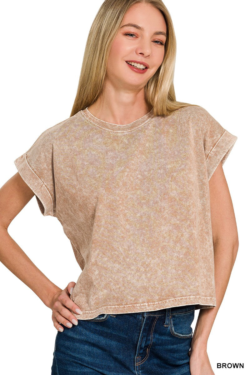 Holly brown cotton cuffed short sleeve top.