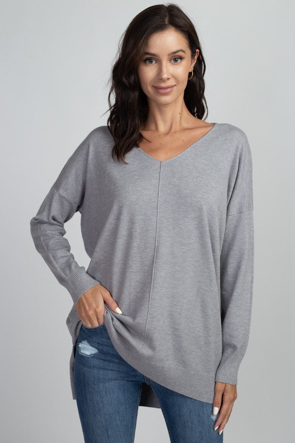 Laura charcoal long V-neck sweater with front seam