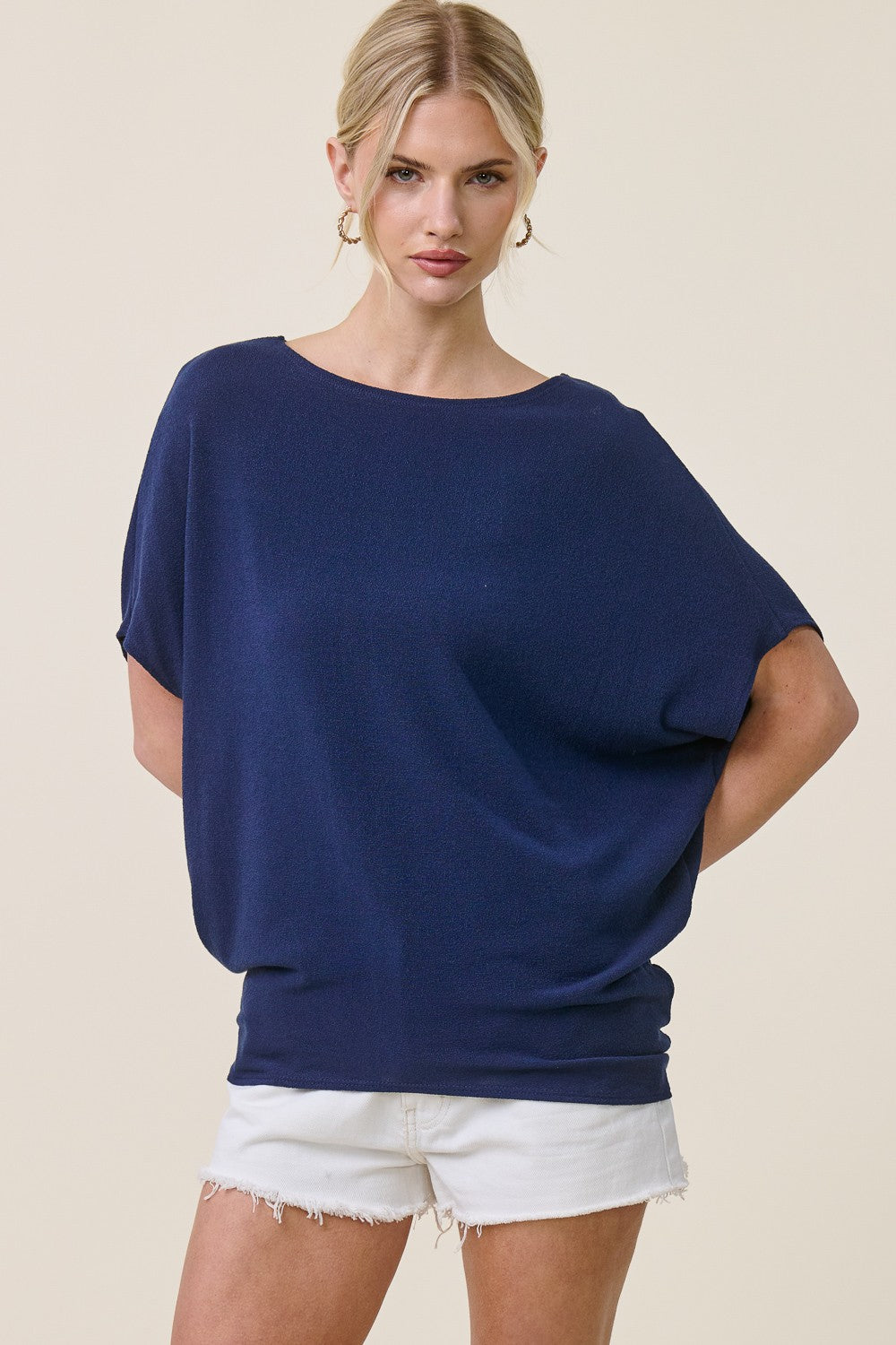 Debbie navy short sleeve crepe hacci oversized top