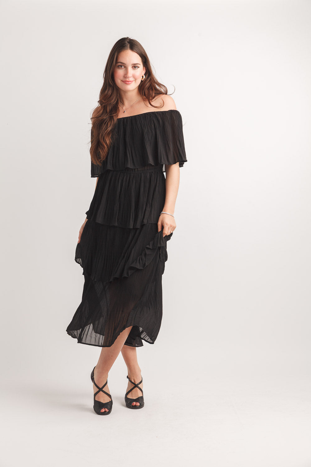 Pleated off the shoulder layered maxi dress PD-20608