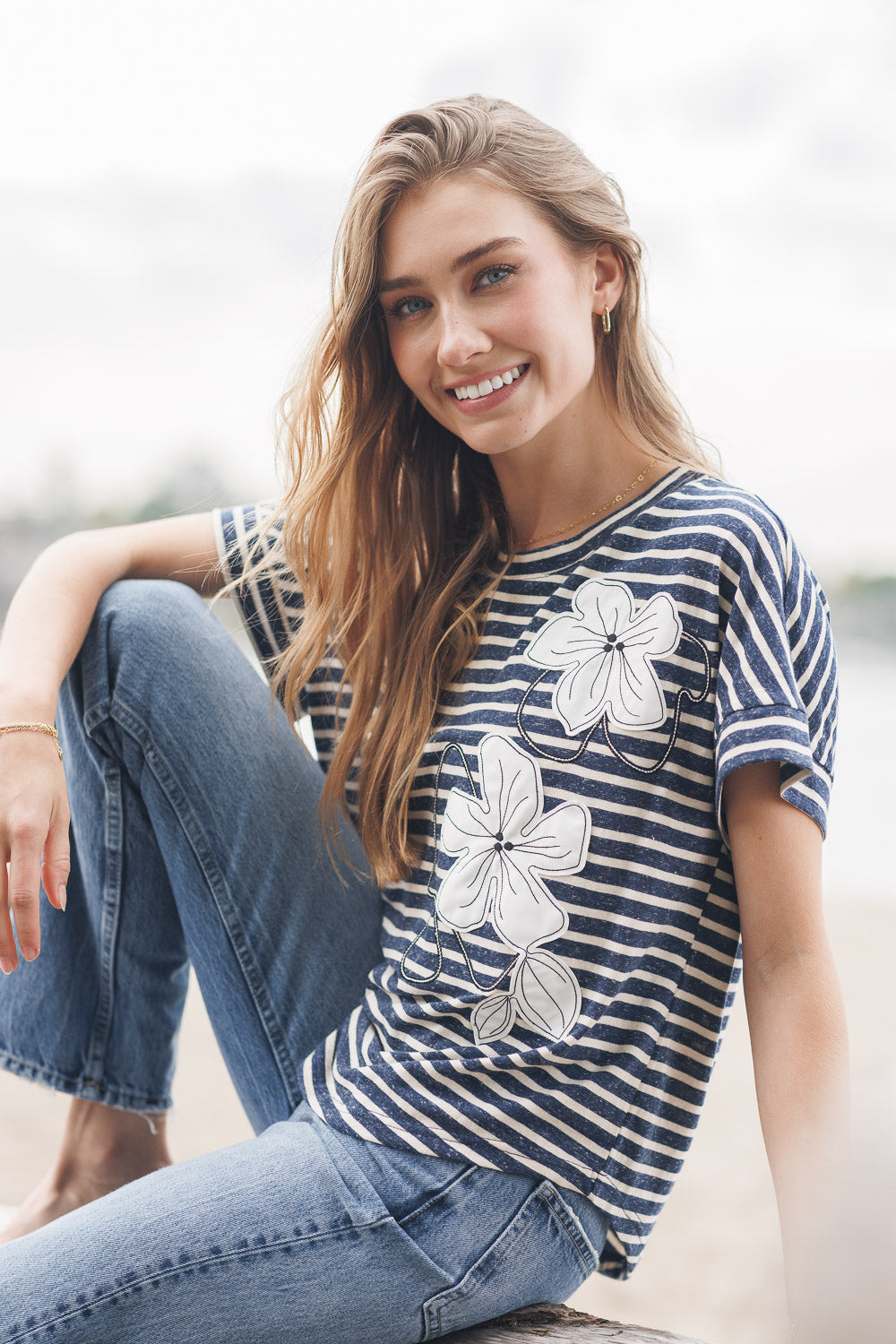 Striped knit T-shirt with embroidered flower PT-20042