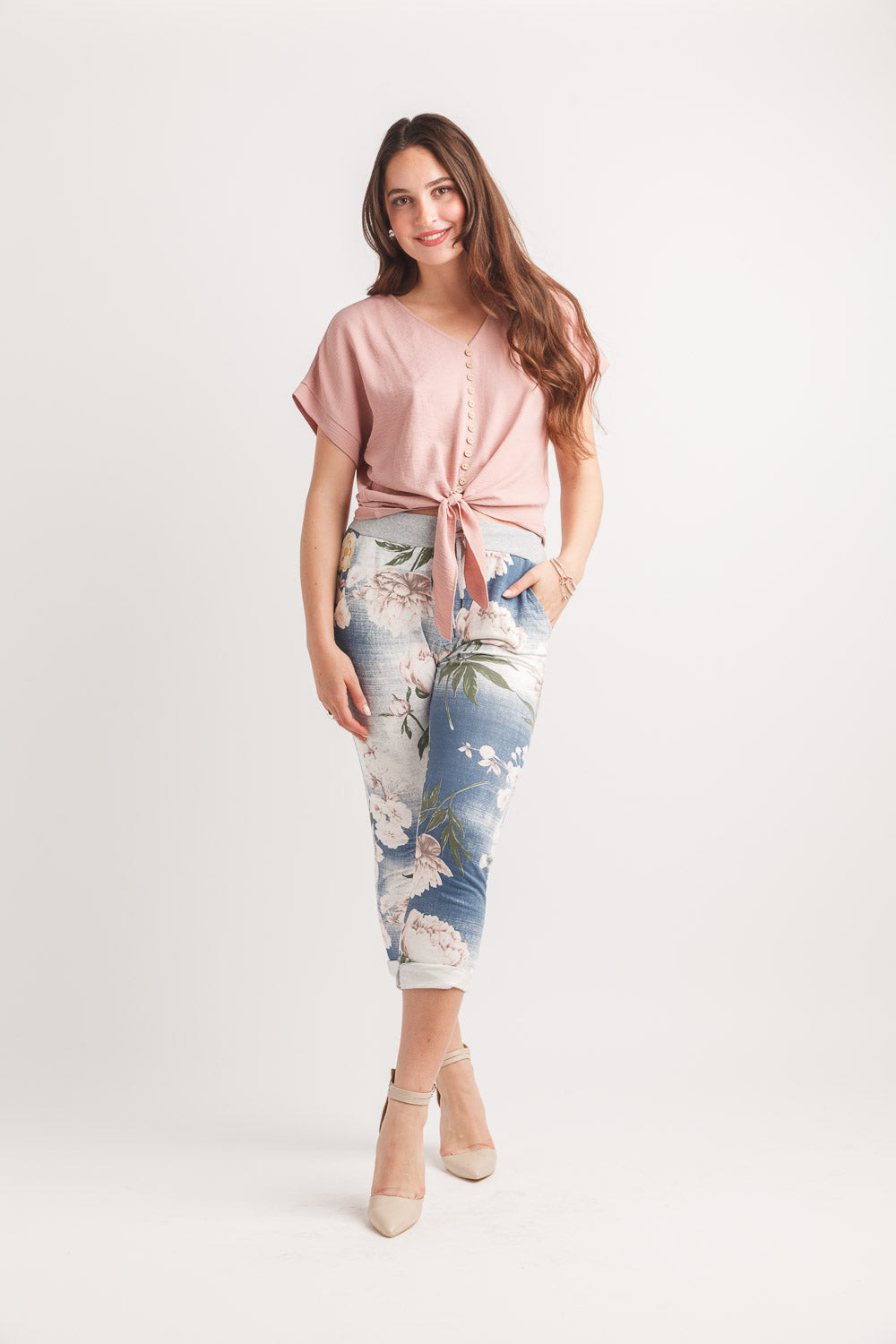 Textured short sleeve button tie top PT-20054