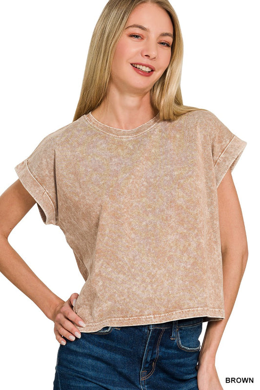 Holly brown cotton cuffed short sleeve top.