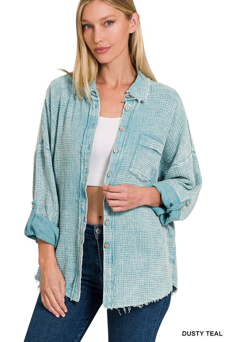 Michelle Dusty teal gauze button up shirt