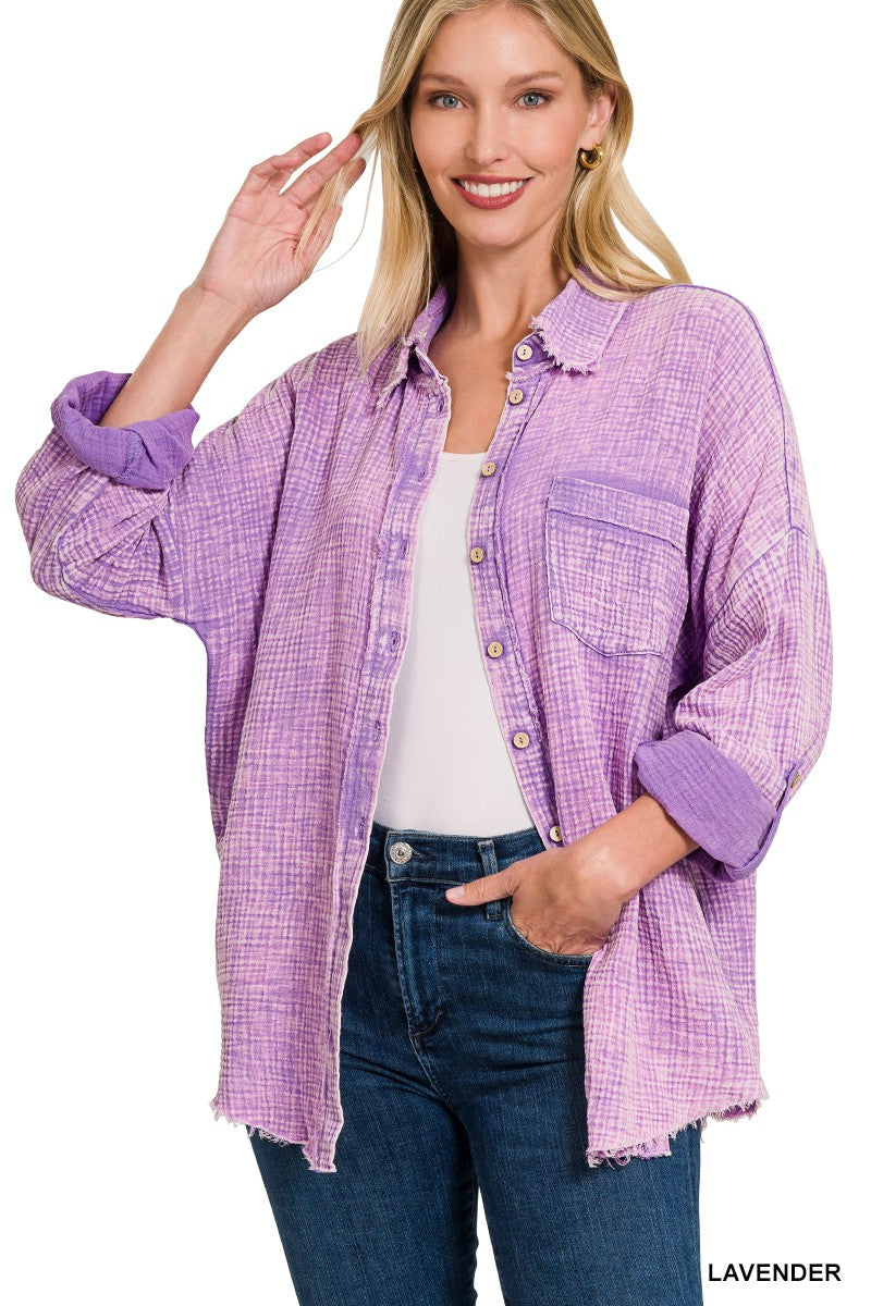 Michelle Lavender gauze button up shirt