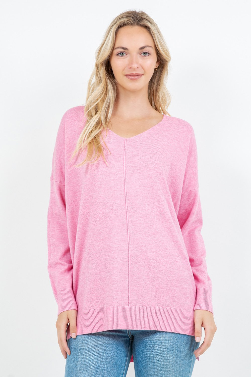 Laura pink V-neck sweater with seam front