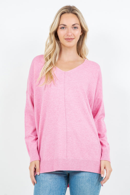 Laura pink V-neck sweater with seam front