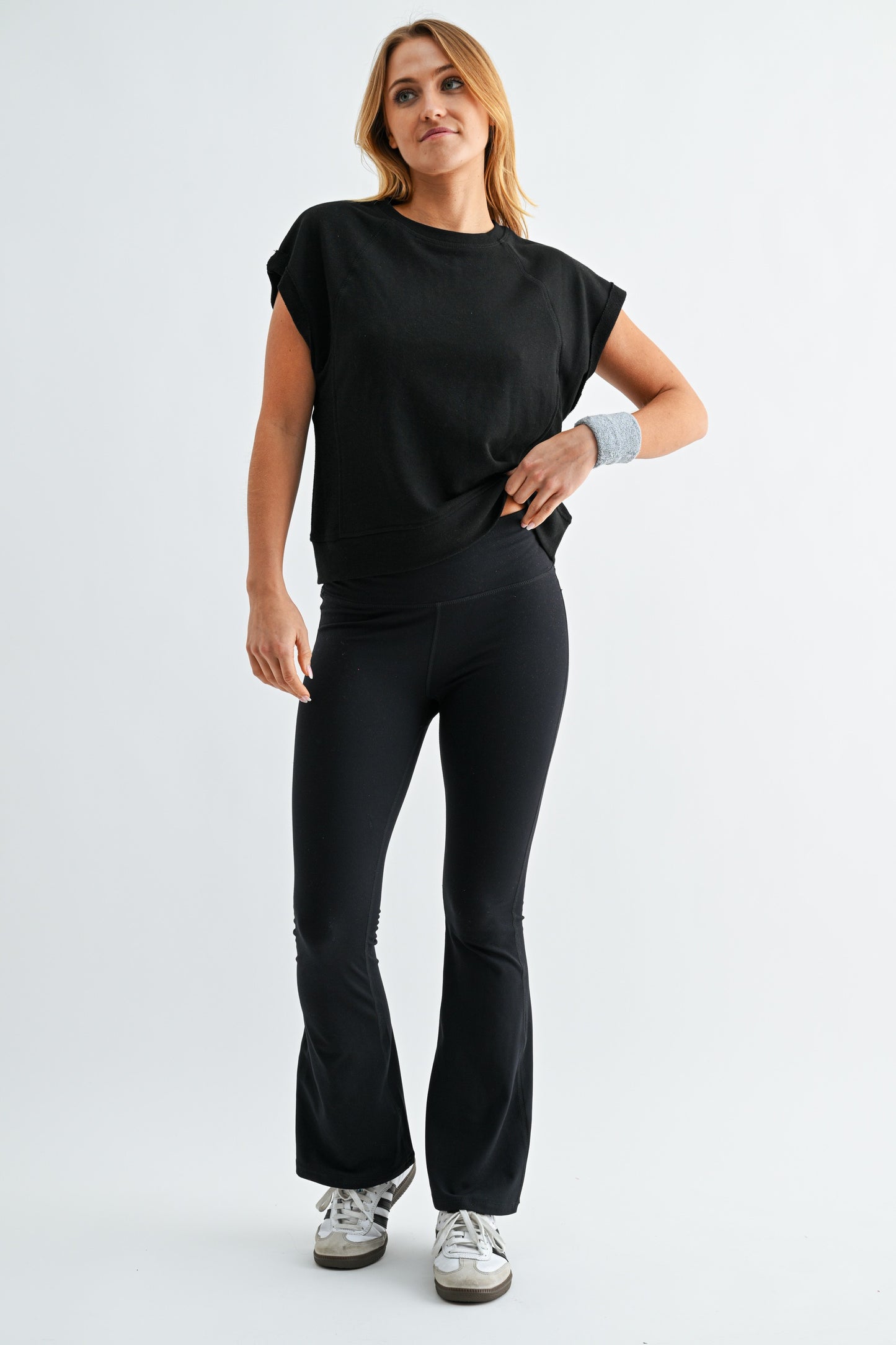 Kathy black off set French Terry cap sleeve top