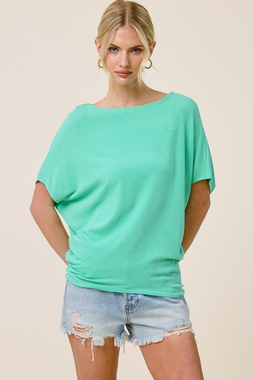 Debbie seafoam short sleeve crepe hacci oversized top