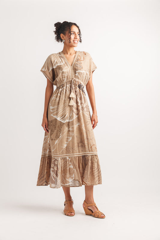 Mixed print V-neck maxi dress  PD-18636