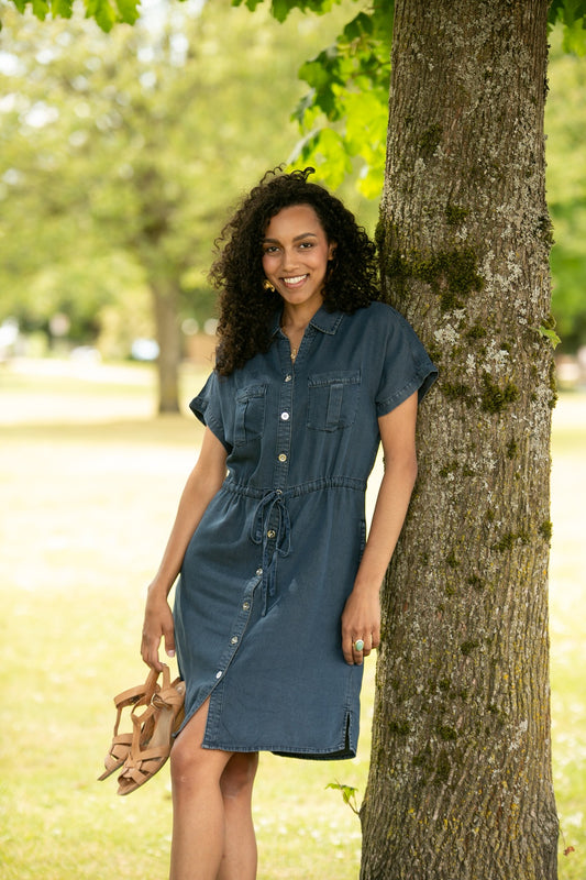 Collared short sleeved denim dress with pockets PD-20544