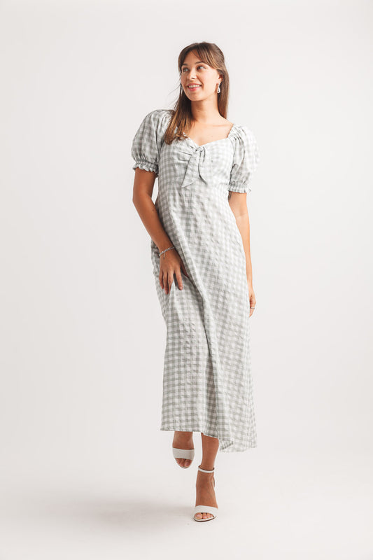 Gingham puff sleeve dress with elastic back PD-20577