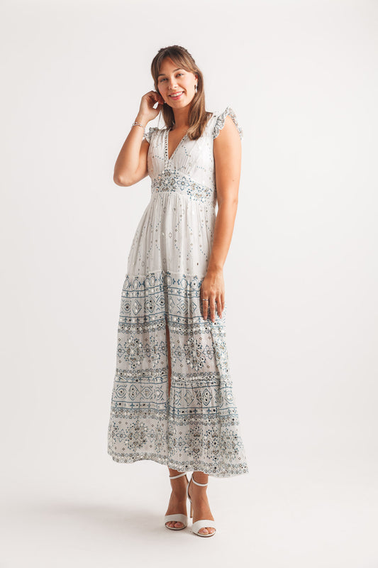 Embroidered mirror detail maxi dress PD-20586