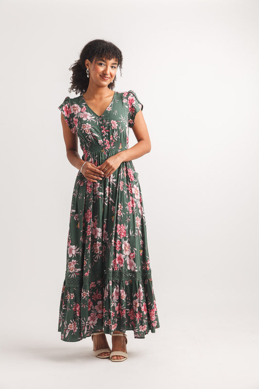 Floral print short sleeve button front maxi dress PD-20600