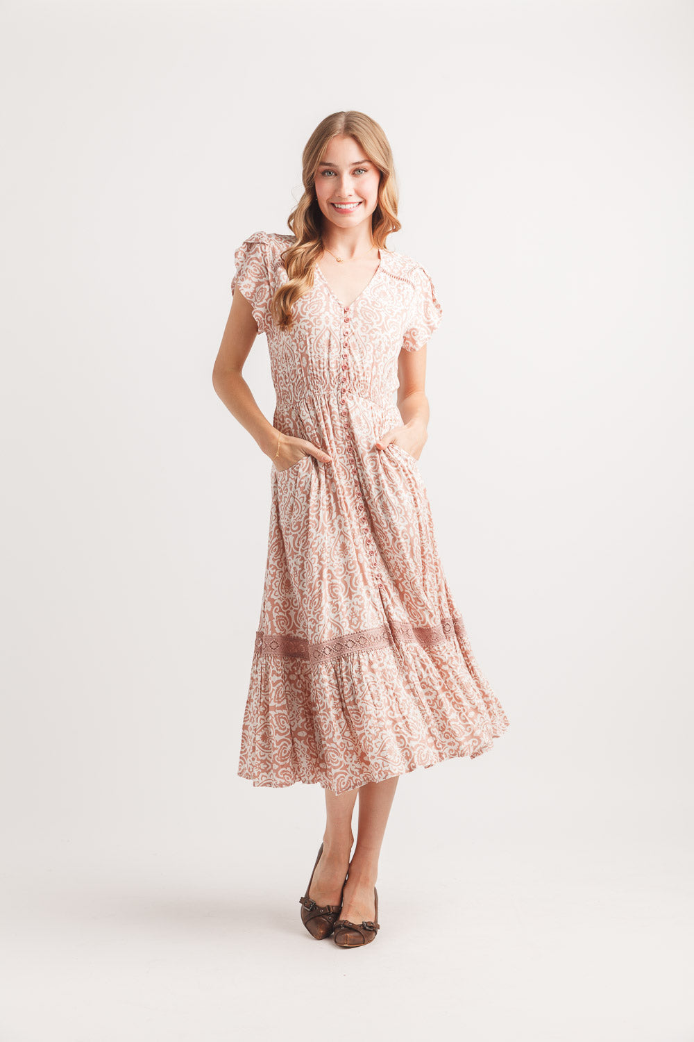 Short sleeve button front midi dress PD-20627