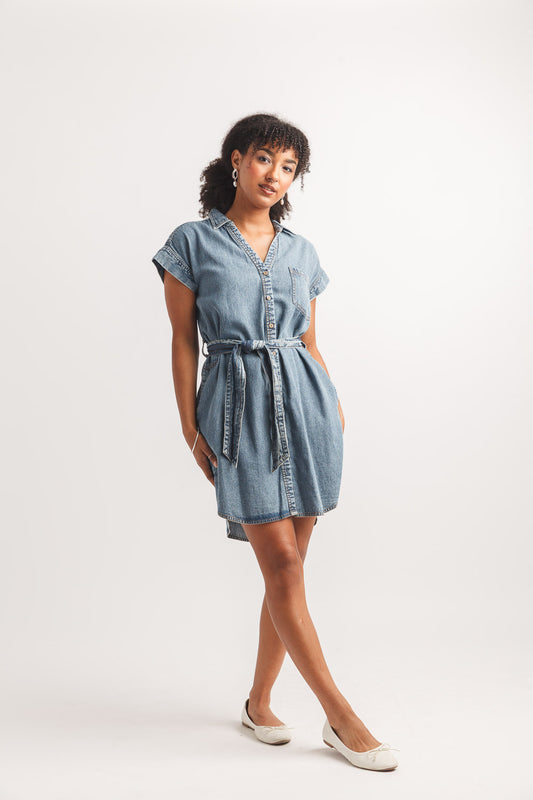 Short sleeve denim dress with pockets PD-20654