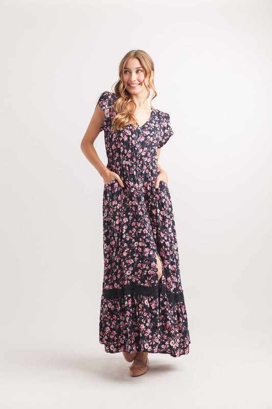 Floral Short Sleeve Maxi Dress with pockets PD-20660