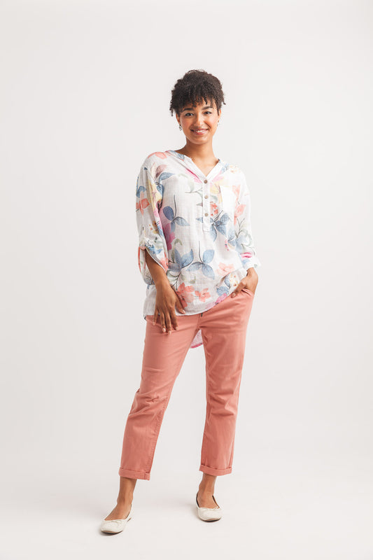 Floral linen shirt with sequin pocket PT-20086