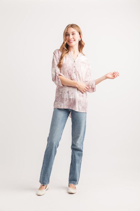 Floral Henley tab sleeve blouse with sequin PT-20115